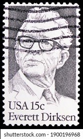 MOSCOW, RUSSIA - OCTOBER 8, 2020: Postage Stamp Printed In United States Shows Everett Dirksen (1896-1969) Senate Minority Leader, Serie, Circa 1981