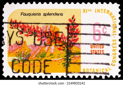 MOSCOW, RUSSIA - OCTOBER 8, 2020: Postage stamp printed in United States shows Ocotillo (Southwest), Botanical Congress Issue serie, circa 1969