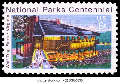 MOSCOW, RUSSIA - OCTOBER 8, 2020: Postage Stamp Printed In United States Shows National Parks Centennial - Wolf Trap Farm, Virginia, Serie, Circa 1972