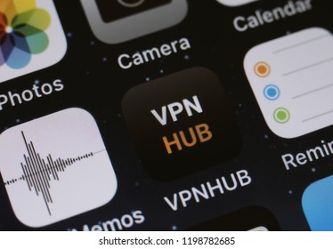 Moscow, Russia - October, 9: The VPNhub Applications Is Seen On An IPhone.  The New Free VPN From Pornhub