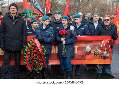 
MOSCOW, RUSSIA, POKLONNAYA HILL-FEBRUARY 15, 2020: Solemn Ceremony Of Laying Flowers At The Monument To Soldiers-internationalists/26th Anniversary Of The Withdrawal Of Soviet Troops From Afghanistan