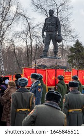 
MOSCOW, RUSSIA, POKLONNAYA HILL-FEBRUARY 15, 2020: Solemn Ceremony Of Laying Flowers At The Monument To Soldiers-internationalists/26th Anniversary Of The Withdrawal Of Soviet Troops From Afghanistan