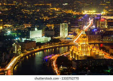Moscow, Russia - Sep 2017: Aerial view from 93 level of Federation Tower at business City center of Moscow. Presnenskaya Naberezhnaya, night time. 
