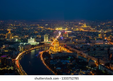 Moscow, Russia - Sep 2017: Aerial view from 93 level of Federation Tower at business City center of Moscow. Presnenskaya Naberezhnaya, night time. 