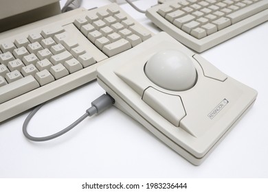 Moscow, Russia, Sept. 13, 2020:  A Kensington Turbo Mouse ADB trackball for vintage Macintosh computers, as seen during the exhibition in the Apple Museum. CREDIT: Valeriya Golubenko - 30pin