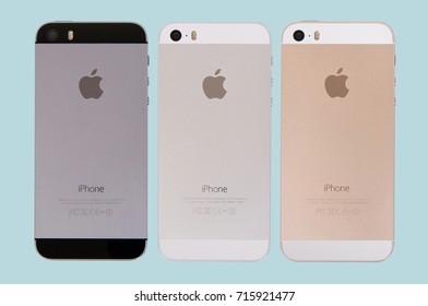 MOSCOW, RUSSIA - SEPT 15, 2017: Set of all colors iPhones 5s are smartphones developed by Apple Inc. Apple releases the new iPhone 5 and iPhone 5s Plus