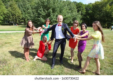 Moscow, Russia - Sept 29, 2019: Young Happy Wedding Couple.