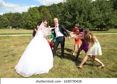 Moscow, Russia - Sept 29, 2019: Young Happy Wedding Couple.