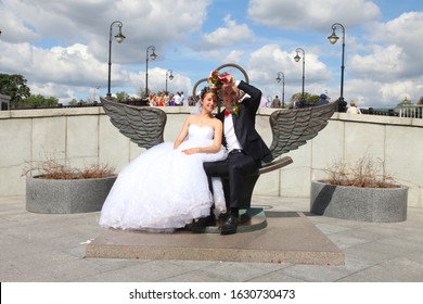 Moscow, Russia - Sept 29, 2019: Young Happy Wedding Couple.