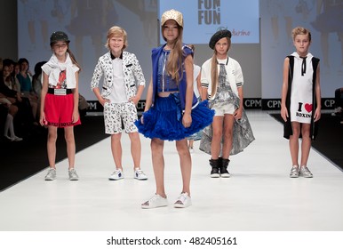 Moscow, Russia  September 01, 2016: International Fashion Trade Show, collections for spring-summer 2017, on the catwalk models present a new style children's collection