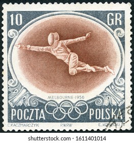 MOSCOW, RUSSIA - SEPTEMBER 01, 2019: A Stamp Printed In Poland Shows Fencing, The 1956 Summer Olympics Melbourne, Australia, 1956