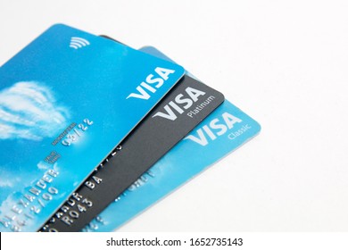 Moscow, Russia - September 01, 2019: Visa credit card on white background. Visa are a biggest credit card companies in the world.