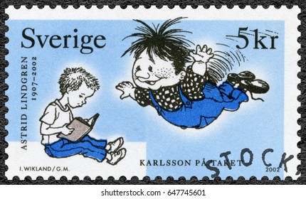 MOSCOW, RUSSIA - SEPTEMBER 06, 2016: A Stamp Printed In Sweden Shows  Karlsson On The Roof, Series Astrid Anna Emilia Lindgren (1907-2002), Swedish Writer Of Fiction And Screenplays, 2002