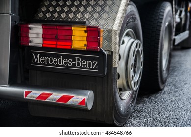 MOSCOW, RUSSIA - SEPTEMBER 11, 2016 : Mercedes- Benz Truck Close Up