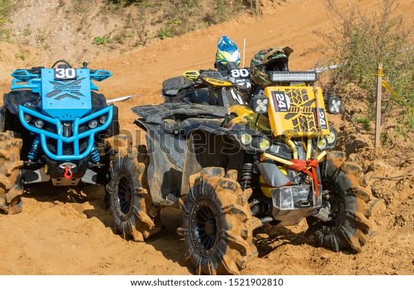 MOSCOW, RUSSIA - SEPTEMBER 14, 2019: Sports\
equipment parking at the Stage 3 All-Russian amateur competitions\
for owners of all-terrain vehicles  and ATVs (ATV) RZR CAMP 2019,\
MotoPark Velyaminovo