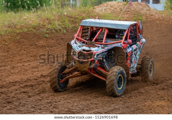 MOSCOW, RUSSIA - SEPTEMBER 14, 2019: Bagel\
188,class Side-by-Side TURBO, in the Stage 3 All-Russian amateur\
competitions for owners of all-terrain vehicles and ATVs RZR CAMP\
2019, MotoPark\
Velyaminovo