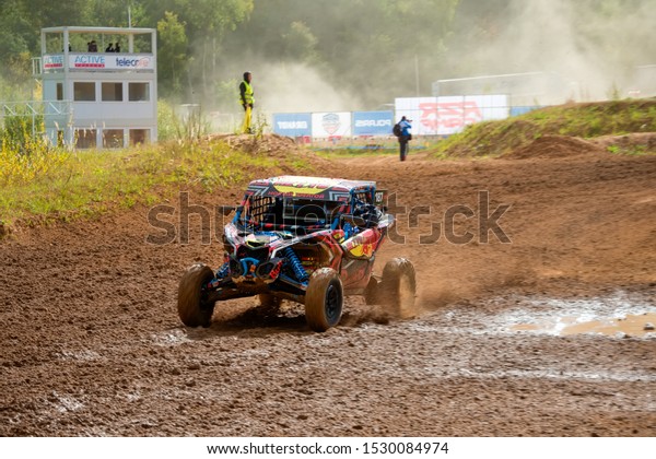 MOSCOW, RUSSIA - SEPTEMBER 14, 2019: Zakhozhy\
187,class Side-by-Side TURBO, the Stage 3 All-Russian amateur\
competitions for owners of all-terrain vehicles and ATVs RZR CAMP\
2019, MotoPark\
Velyaminovo