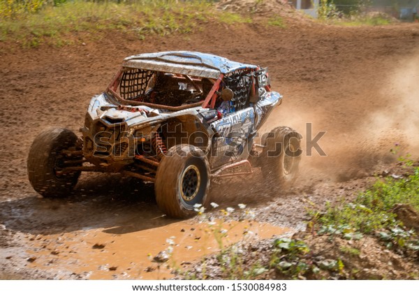 MOSCOW, RUSSIA - SEPTEMBER 14, 2019: Semenov\
,class Side-by-Side TURBO, in the Stage 3 All-Russian amateur\
competitions for owners of all-terrain vehicles and ATVs RZR CAMP\
2019, MotoPark\
Velyaminovo