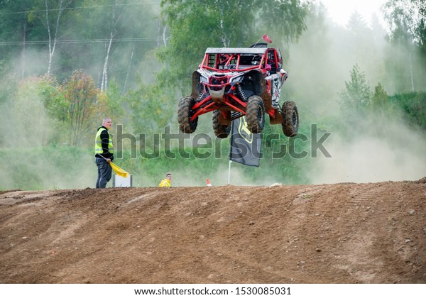 MOSCOW, RUSSIA - SEPTEMBER 14, 2019: Bagel\
188,class Side-by-Side TURBO, in the Stage 3 All-Russian amateur\
competitions for owners of all-terrain vehicles and ATVs RZR CAMP\
2019, MotoPark\
Velyaminovo