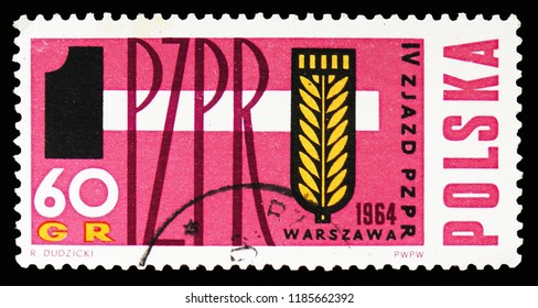 MOSCOW, RUSSIA - SEPTEMBER 15, 2018: A Stamp Printed In Poland Shows Hammer And Rye, 4th Congress Of The Polish United Workers Party Serie, Circa 1964