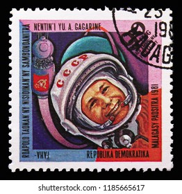 MOSCOW, RUSSIA - SEPTEMBER 15, 2018: A Stamp Printed In Madagascar Shows Jurij Gagarin, Space Research Serie, Circa 1981