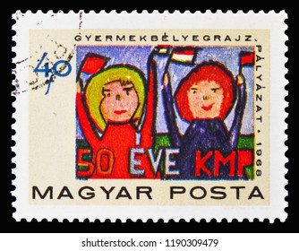 MOSCOW, RUSSIA - SEPTEMBER 15, 2018: A Stamp Printed In Hungary Shows Children With Flags, Hungarian Communist Party Serie, Circa 1968