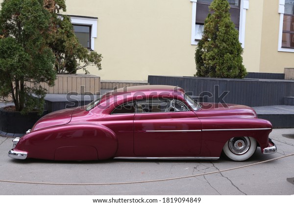 MOSCOW, RUSSIA - SEPTEMBER 19, 2020: Automobile in\
Moscow city, Russia. Unusual tuning vintage car. Customized art\
car. Art car. Retro transport. Oldtimer. Vintage. Festival \