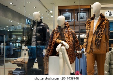Moscow Russia - September 2021: Showcase of a fashionable clothing store. Beautiful comfortable quality clothing for everyday wear.