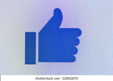 Moscow, Russia - September 24, 2014:Like Us On Facebook Icon On Computer Screen. Facebook Is One Of The Largest Social Networks In The World. Was Founded In 2004 By Mark Zuckerberg