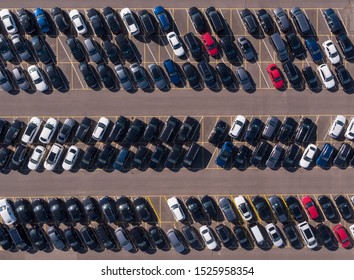 MOSCOW, RUSSIA, SEPTEMBER 26, 2019 — Aerial view of new cars