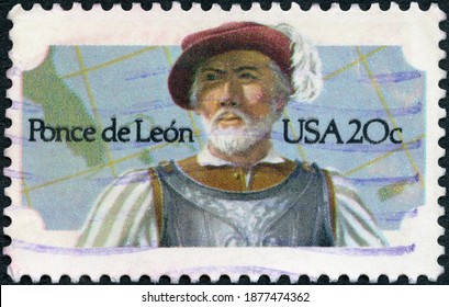 MOSCOW, RUSSIA - SEPTEMBER 26, 2020: A Stamp Printed In USA Shows Portrait Of Juan Ponce De Leon (1527-1591), 1982