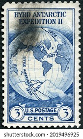 MOSCOW, RUSSIA - SEPTEMBER 26, 2020: A stamp printed in USA shows World Map of Byrd Antarctic Expedition, 1933