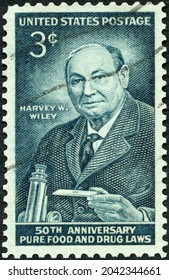 MOSCOW, RUSSIA - SEPTEMBER 26, 2020: A Stamp Printed In USA Shows Portrait Of Harvey Washington Wiley (1844-1930), Pure Food And Drug Laws, 50th Anniversary, 1956