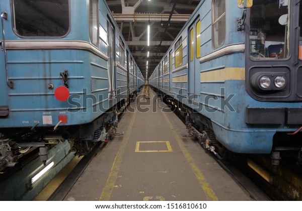 Moscow, Russia - September 27, 2019: Inside\
the Kaluzhskoye electric depot for the maintenance and repair of\
passenger trains and cars of the city\
metro
