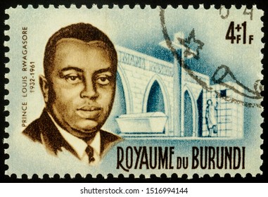 Moscow, Russia - September 29, 2019: A Stamp Printed In Burundi Shows Portrait Of Prince Louis Rwagasore (1932-1961), Circa 1966