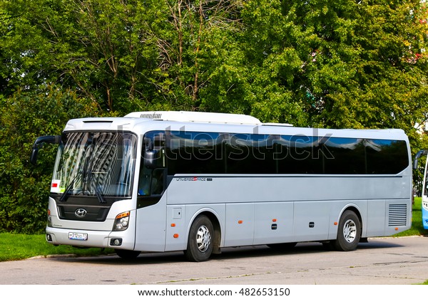 MOSCOW, RUSSIA - SEPTEMBER 3,\
2016: Silver coach bus Hyundai Universe Space Luxury in the city\
street.