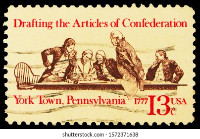 MOSCOW, RUSSIA - SEPTEMBER 30, 2019: Postage Stamp Printed In United States Shows Drafting The Articles Of Confederation, American Bicentennial Issue: Articles Of Confederation Serie, Circa 1977