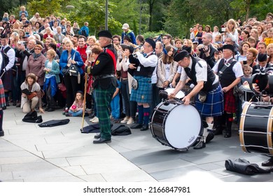 Moscow, Russia, September 4, 2016: Musicians From The Irish Bagpipes And Drums Orchestra Play In A Moscow Park.