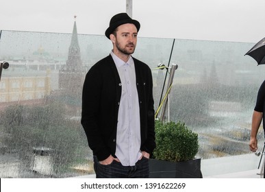 Moscow, Russia - September 6, 2013: Justin Timberlake at Runner Runner press tour, photocall at rooftop of Ritz-Carlton hotel with Kremlin on the background