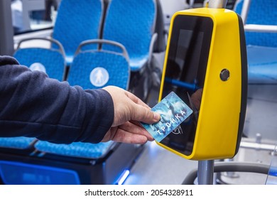 Moscow, Russia - September 6, 2021: payment for travel by the Troika payment card in Moscow modern transport