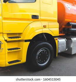 Moscow, Russia, September 6,2019: A new yellow-orange tank truck designed to carry fuel. Special commercial transport.