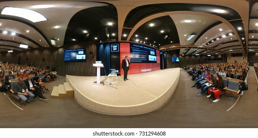 Moscow, Russia - September 8, 2017: Audience Listens To The Lecturer At The Conference Hall. 360 VR Panorama