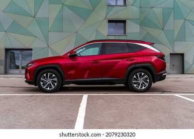 MOSCOW, RUSSIA - SEPTEMBER 9, 2021 New Hyundai Tucson Fourth Generation (NX4), A Compact Crossover SUV Car Model Year 2021 On City Background. Exterior Front Side Close Up View.