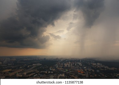 Moscow, Russia. The Storm Front Is Approaching The City. View Of The Rain Cloud From The Roof Of A Skyscraper