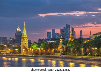 Moscow Russia, Sunset City Skyline At Kremlin Palace With Business Center District And Moscow River