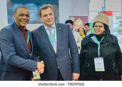 Moscow, Russia, VDNH- OCTOBER 4-7, 2017: Russian Agro-industrial Exhibition Golden Autumn. Representative Ryazan Region- Delegation Of South Africa: Ace Magashule And Olly Mlamleli