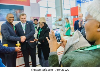 Moscow, Russia, VDNH- OCTOBER 4-7, 2017: Russian Agro-industrial Exhibition Golden Autumn. Representative Ryazan Region- Delegation Of South Africa: Ace Magashule And Olly Mlamleli