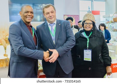 Moscow, Russia, VDNH- OCTOBER 4-7, 2017: Russian Agro-industrial Exhibition Golden Autumn. Representative Ryazan Region- Delegation Of South Africa: Ace Magashule And Olly Mlamleli