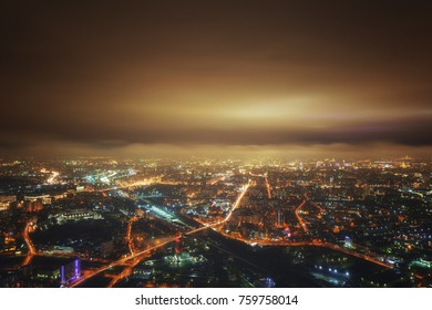 Moscow, Russia. The View From The Observation Deck Of The Ostankino TV Tower In The City At Night. Apocalyptic Views