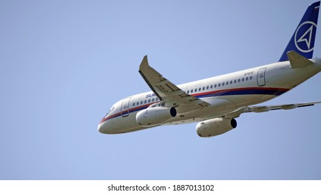 Moscow Russia Zhukovsky Airfield 31 August 2019: Commercial passenger airplane Sukhoi Superjet 100 flying demonstration flight of the international aerospace salon MAKS-2019